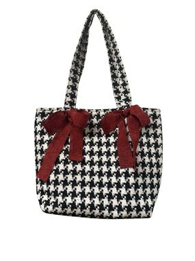 Black & White Houndstooth Tote with Burgundy Bows